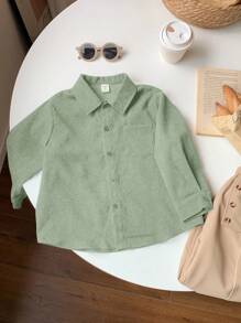 SHEIN Leap Crew 1 件装年轻男孩休闲校园风格舒适、百搭、简约实用的纽扣衬衫，适合幼儿园、返校、青少年男孩、儿童日常服装、学校服装、圣诞节服装、春秋冬季服装 - 薄荷綠 - 查看 5