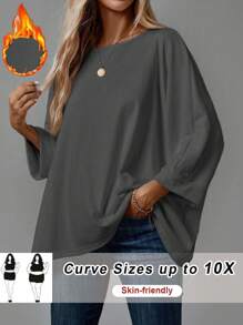 SHEIN CURVE+ 大码长袖宽松舒适家庭风格女式 T 恤 - 深灰色 - 查看 1