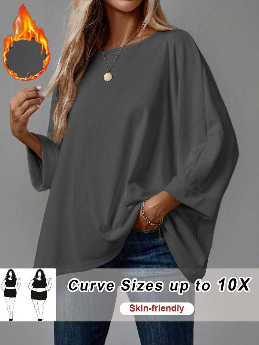 SHEIN CURVE+ 大码长袖宽松舒适家庭风格女式 T 恤 - 深灰色 - 查看 1
