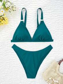 Set de 2 piezas de bikini de verano para mujer, de unicolor, con tirantes gruesos y hebilla redonda, sexy