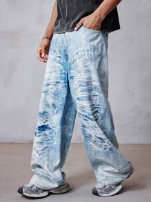 ROMWE MEN Street Life Men's Fashion Printed Straight-Leg Jeans - Blue - View 5