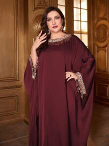 Al Najma Plus Size Elegant Sequin Tassel Decor Batwing Sleeve Arabic Style Dress, Modest Kaftan - Burgundy - View 1