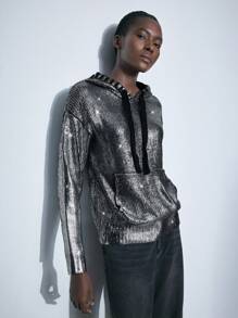 Maija Damen Schwarz & Silber Lässig Ganzjährig Vielseitige Frühling Pullover mit Kapuze und Kordelzug, Modischer Festivalpullover - Silber - Übersicht 4