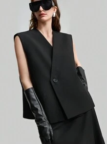 Ontre 2026春夏女装黑色V领单排扣休闲宽松西装背心及休闲裤套装，优雅复古商务通勤风 - 黑色 - 查看 2