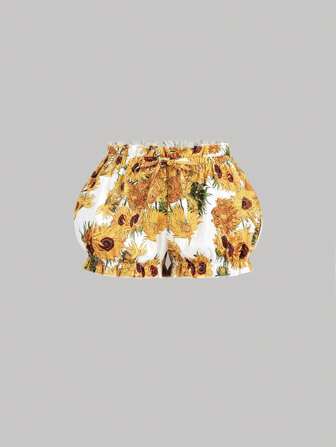 SHEIN MOD Short taille basse mini style peinture à l'huile de tournesol de Van Gogh, short de printemps