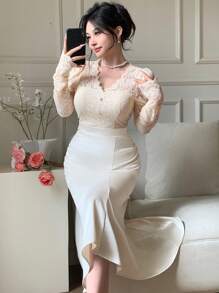 DAZY V领蕾丝拼接长款鱼尾连衣裙，优雅大方，适合婚礼、秋季穿着，长袖设计，可作连衣裙穿着。 - 米色 - 查看 10