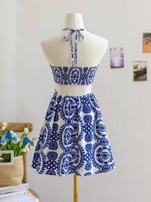 Soleia Đầm nữ màu tương phản hở eo có dây rút gợi cảm cho kỳ nghỉ - Xanh và trắng - Xem 2