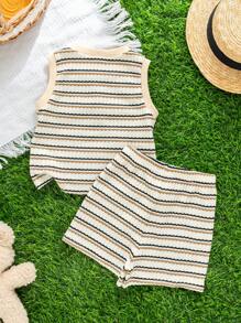 Loomiva 2pcs/Set Baby Boy Summer Cute Knitted Stripe Cartoon Pattern Tank Top And Shorts Set