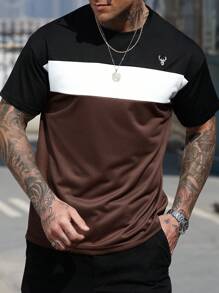 Manfinity CasualCool Men's Contrast Color Round Neck Short Sleeve Casual T-Shirt - Black - View 3