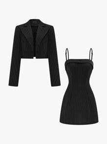 Flirla 2 pièces/Set : Blazer court rayé simple grande taille + Robe nuisette, Tenues décontractées
