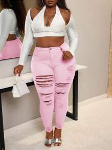 SHEIN SXY Plus Size Ripped Pink Skinny Jeans - Pink - View 7