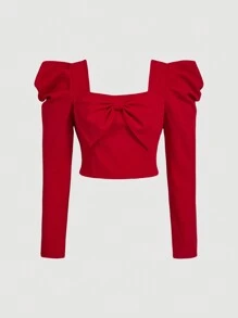 SHEIN MOD Set de 2 piezas Talla grande de Blusa de manga gigot roja con moño y falda a juego estilo romántico y dulce