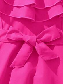 Teen Girls' Solid Color Ruffle Splice Round Neck Tie Waist Fashion Mini Dress - Hot Pink - View 4