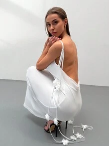 Vestido de tirantes con decoración floral de unicolor y estilo sexy para mujer - Blanco - Ver 3
