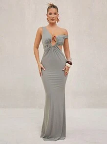 Lumalex 春季情人节甜美美丽情人节装圣瓦伦丁情人节复活节婚礼订婚成人礼不对称单肩前金属装饰镂空鱼尾连衣裙女士