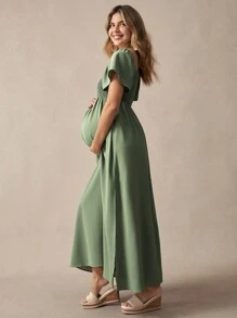 Boho Mama Boho Ruffle Sleeve Square Neck Elastic Waist Maternity Dress, Green - Green - View 7