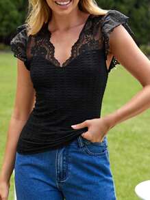 SHEIN VCAY Ren tương phản áo tay bướm Áo thun - màu đen - Xem 4