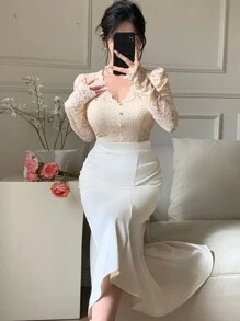 DAZY V领蕾丝拼接长款鱼尾连衣裙，优雅大方，适合婚礼、秋季穿着，长袖设计，可作连衣裙穿着。 - 米色 - 查看 8