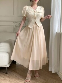 DAZY V-Neck Puff Sleeve Shirt & Pleated Skirt 2 Pieces Set For Women - Apricot - View 9