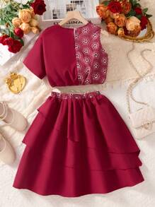 青少年女孩传统文化堆叠设计上衣 + 泡泡裙 2 件套 - 酒紅色 - 查看 3