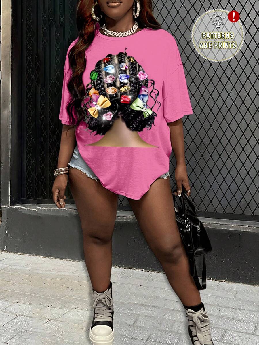 Slaydiva Oversized Damen Dreadlock Haarklammer grafik Rundhals Kurzarm locker sitzende T-Shirt, Lässig, geeignet für Frühling/Sommer, Unisex