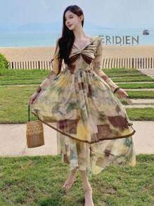 DAZY Botanical Print Floral Trumpet Sleeve Ruffle Trim Contrast Shoulder Midi Dress For Women,Fall Dress Long Sleeve Dress Off Shoulder Vacation Outfits Women - Multicolor - View 7