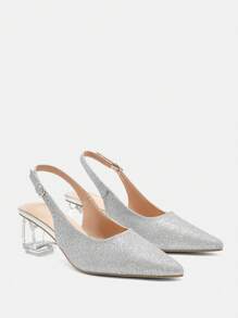 CUCCOO CURVES Women's Fashion Crystal Heel Glitter Silver Ladies High Heel Backless Pumps, Suitable For Going Out, Banquet, Party And Other Events - Metallic Silver - View 4