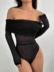 SHEIN EZwear Bộ đồ liền thân lưới dài tay trễ vai màu trơn cho nữ, thời trang - màu đen - Xem 6