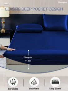 2/3 件纯色海军蓝缎子床笠套装仿真丝床笠套装，含 1 件床笠 + 1/2 件枕套（无填充物），现代柔软床上用品套装，适用于家庭特大号双人床尺寸床单床罩，深口袋最大可达 11.8 英寸，透气防皱，更适合睡眠，可机洗