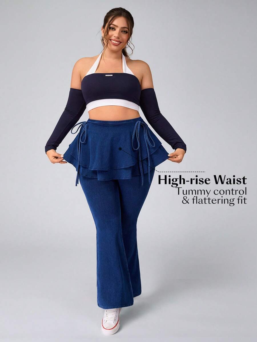 SHEIN Essnce Plus Size Casual Flounce 2 In 1 Flared Jeans Stretchy Knit Denim Apple Bottom Jeans - Medium Wash - View 1