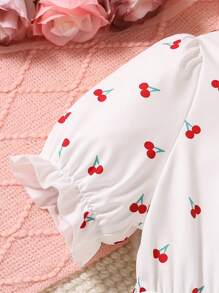Tween Girl Cherry Print Long Dress, Summer - White - View 3