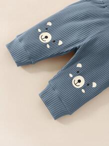 SHEIN New Born Baby Cartoon Bear Pattern Long Sleeve Bodysuit And Pants Set - Navy Blue - View 4