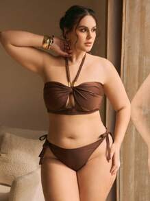 Swim Chiccia Plus Size Solid Color Adjustable Strap Camisole & Swim Short Bikini Set, Summer Beach Swimwear - Coffee Brown - View 3