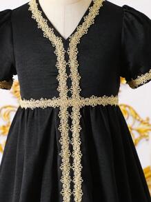 SHEIN Young Girl Patchwork Ribbon Trim Party Dress - Black - View 3