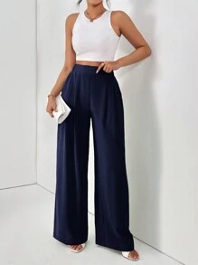 SHEIN Essnce Women's Casual Versatile Solid Color Wide Leg Pants - Navy Blue - View 3