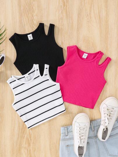 SHEIN Leap Crew 3pcs Young Girl Casual Minimalist Style Round Neck Hollow Back Tank Top