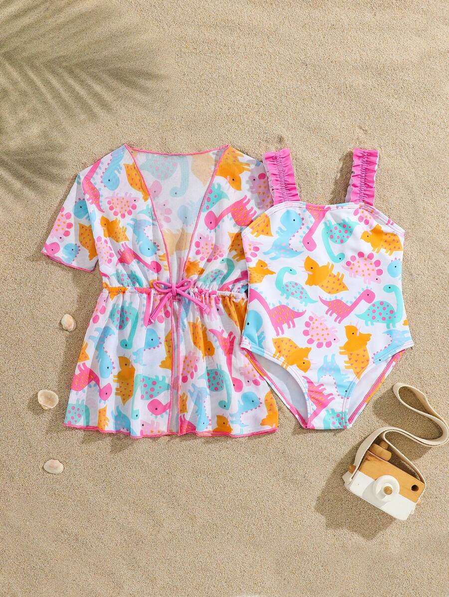 女婴卡通恐龙无袖连体泳衣带和服罩衫，海滩度假套装 - 彩色 - 查看 1