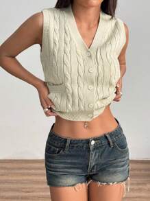 Flirla Spring/Summer Open Knit Vintage Cable Flattering Sleeveless Cardigan Sweater Vest - White - View 5
