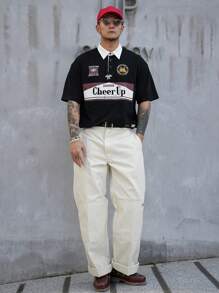 DAZY Summer Men's Letter Print Black Polo Shirt - Black and White - View 3