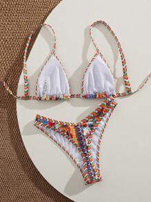 Swim Vcay Women's Elegant Boho Floral Retro Print Shiny Satin Fabric Halter Triangle Bikini Set, 2026 Glitter Sequined Trim Multi-Color Figure-Flattering High Cut Cheeky Two Pieces Swimwear With Braided Straps, Casual Bohemian Sparkle Texture Bikini For Summer Vacation Resort Wear, Holiday Outfits Pool Party Shimmery Boho Beachwear For Women - Multicolor - View 2