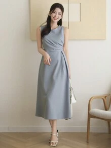 DAZY Sleeveless Solid Color Pleated Mid-Length Dress For Women Sundress Maxi Dress - Blue - View 7