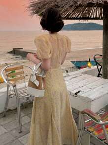 DAZY Women's Ditsy Floral Ruffled Puff Sleeve Button Casual Dress Sundress - Yellow - View 2