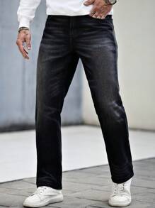 Manfinity Homme Men's Straight Leg Casual Jeans With Pockets, Versatile - Dark Wash - View 3