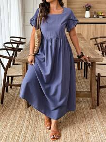 EMERY ROSE Vestido evasé de cuello redondo con plisado en talla grande para mujer de color uniforme - Azul - Ver 3