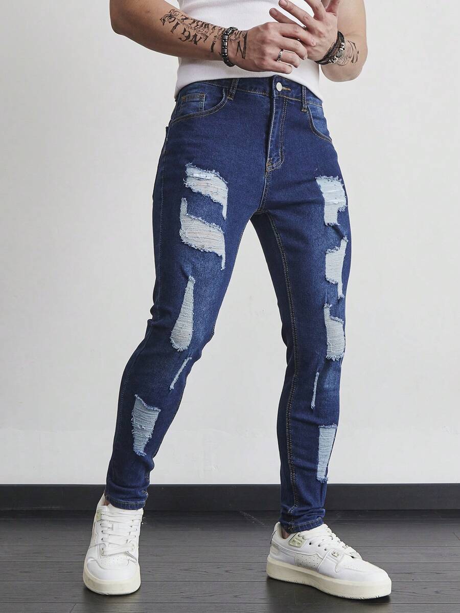 Manfinity LEGND Men's Pocket Distressed Skinny Casual Jeans - Dark Wash - View 1