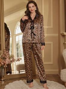 Conjunto de pijama de seda sintética con estampado de leopardo, parches de contraste de color y decoración de lazo - Multicolor - Ver 6