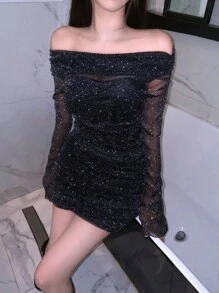 DAZY 女士网纱亮片露肩迷你连衣裙，派对礼服，春夏返校节礼服，长袖连衣裙，奢华舞会礼服，亮片新年除夕礼服，嘉年华礼服