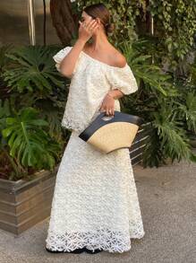 DAZY 女士度假风优雅纯色露肩花卉网眼衬衫和裙子 2 件套夏季套装