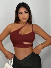 SHEIN SXY Femmes Top Court Asymétrique à Col Découpé sans Manches - Rouge foncé - Voir 3