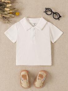 SHEIN 男宝宝短袖2025新款提花面料Polo领纯色夏季休闲舒适半襟T恤